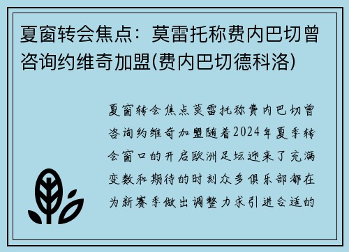 夏窗转会焦点：莫雷托称费内巴切曾咨询约维奇加盟(费内巴切德科洛)